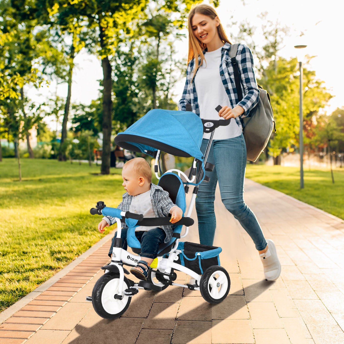 4 in 1 Kids Trike Push Bike with Handle, Canopy, Safety Belt, Footrest and Brake for 1-5 Year olds in Blue | HOMCOM-8