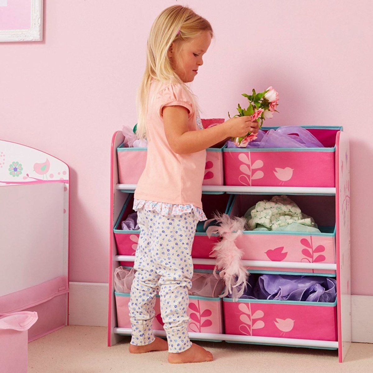 Hello Home Kids Bedroom Toy Storage Unit with 6 Fabric Storage Boxes - Flowers and Birds