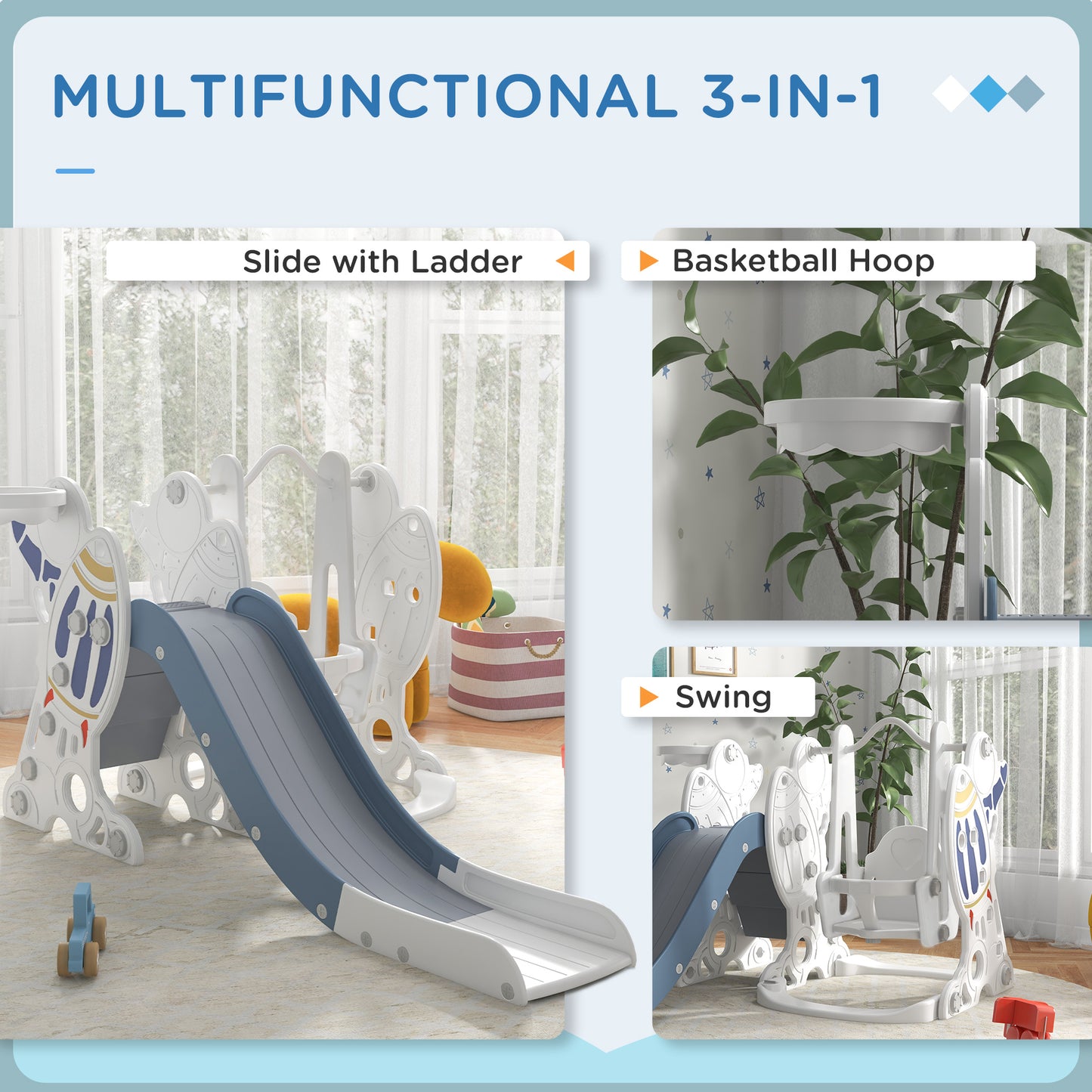 AIYAPLAY Space-Themed Kids Slide and Swing Set with Basketball Hoop in Blue-2