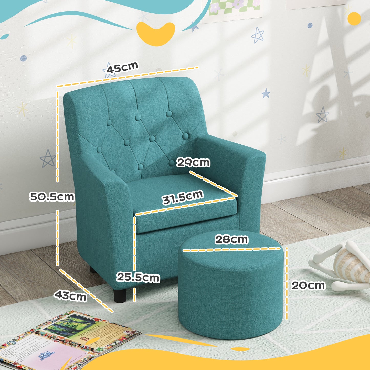 AIYAPLAY 2PCs Kids Sofa Set with Footrest, for Playroom, Bedroom in Blue-1