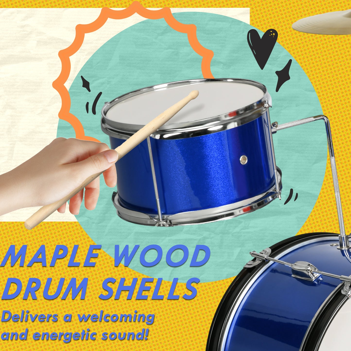 AIYAPLAY 11 Piece Kids Drum Kit with Stool, Drumsticks, Pedal, Cymbals, for 3-6 Years, Blue-4