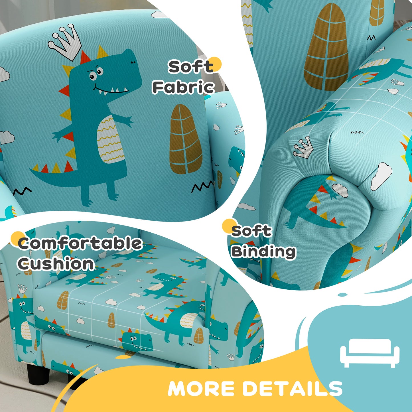 2 Piece Kids Sofa Set with Dinosaur Design, Wooden Frame, for 1.5-3 Years Old in Blue by AIYAPLAY-4