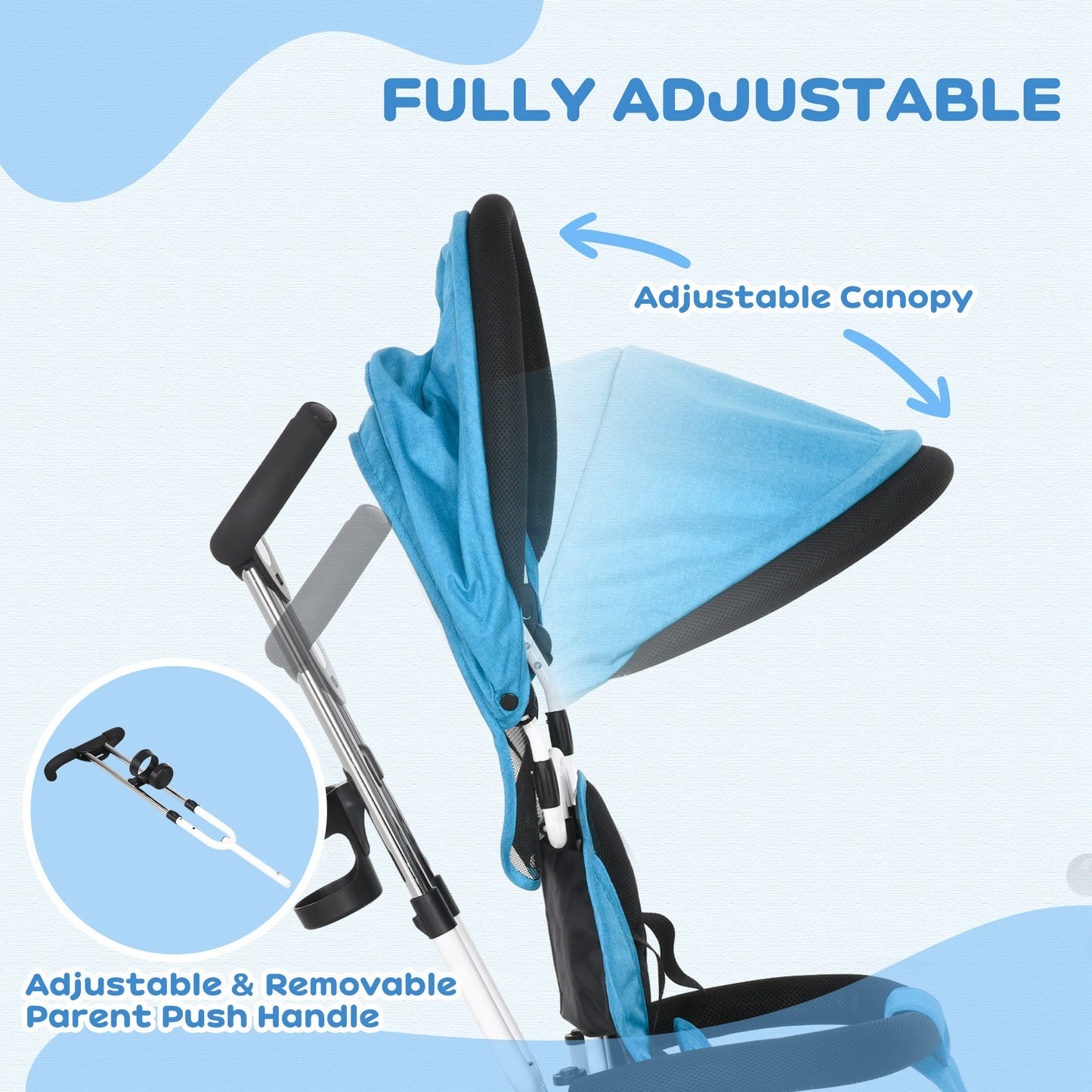 4 in 1 Kids Trike Push Bike with Handle, Canopy, Safety Belt, Footrest and Brake for 1-5 Year olds in Blue | HOMCOM-3