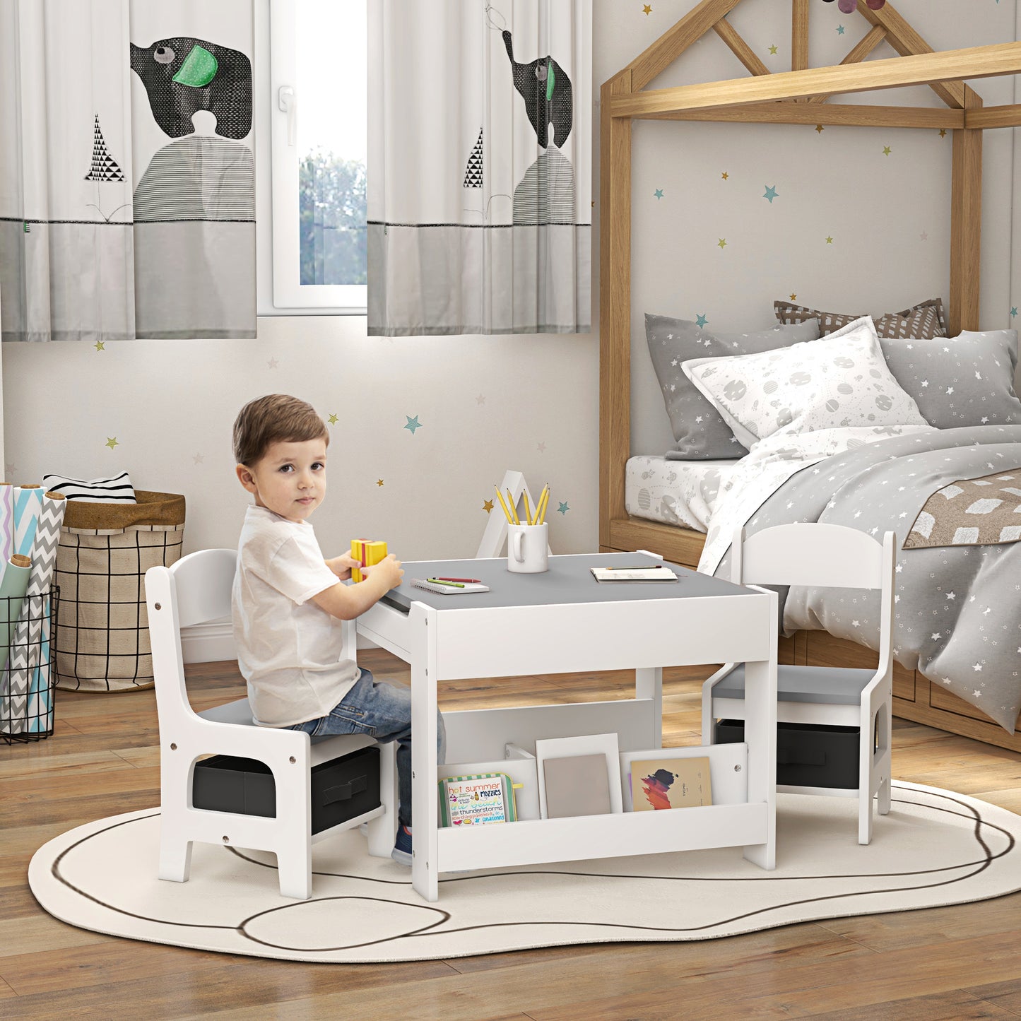 3PCs Kids Table and Chair Set with Blackboard, Storage, Bookshelves in Grey | HOMCOM-8