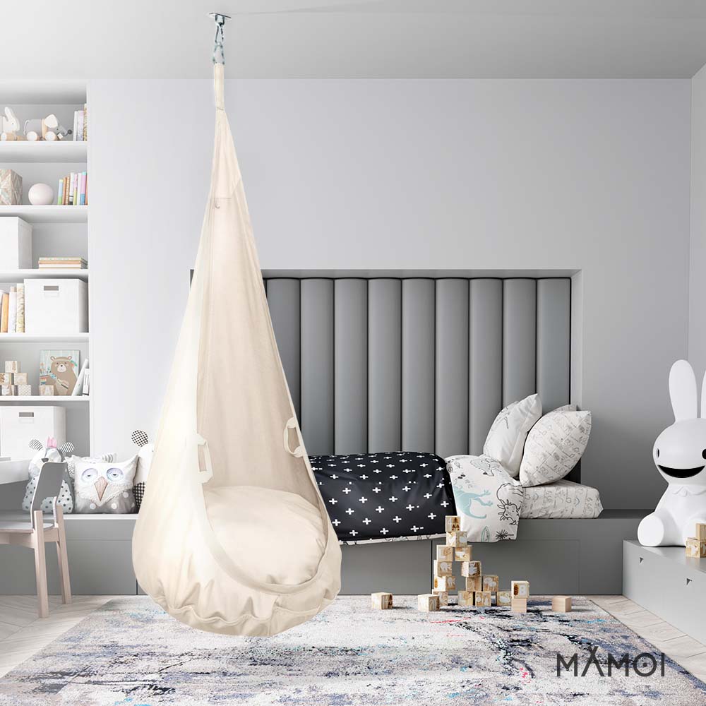 MAMOI® Swing hanging chair Beige, Indoor hammock, Sensory swing seat for bedroom for kids, Child door swinging nest for autism, Garden egg swings for children-6