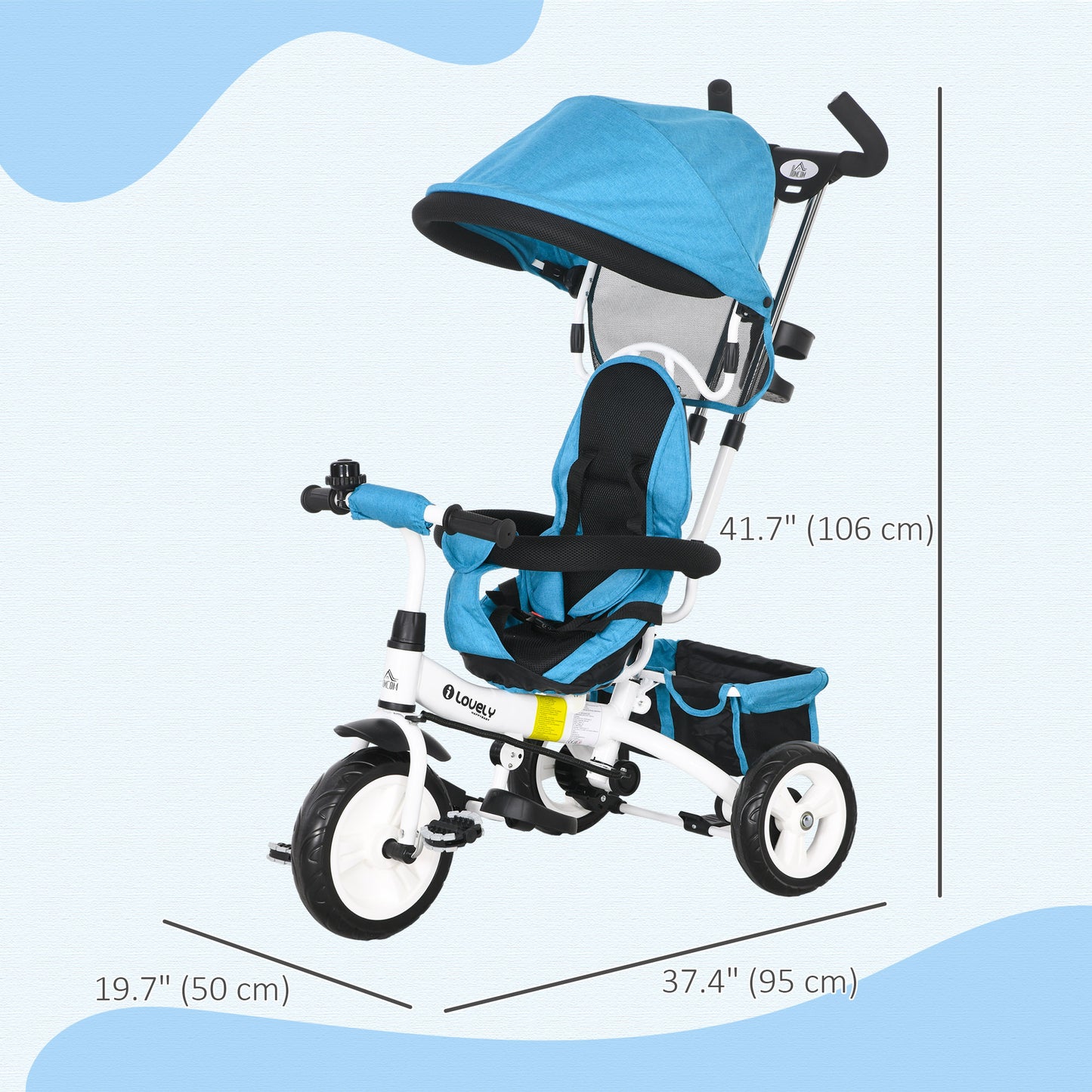 4 in 1 Kids Trike Push Bike with Handle, Canopy, Safety Belt, Footrest and Brake for 1-5 Year olds in Blue | HOMCOM-1
