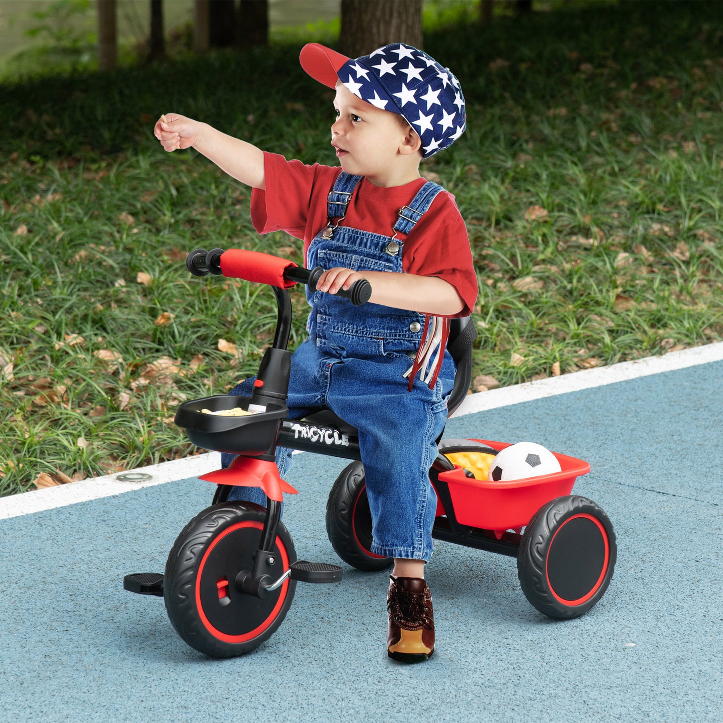 AIYAPLAY Kids Trike for 2-5 Years with Adjustable Seat, Pedal, Baskets in Red-8