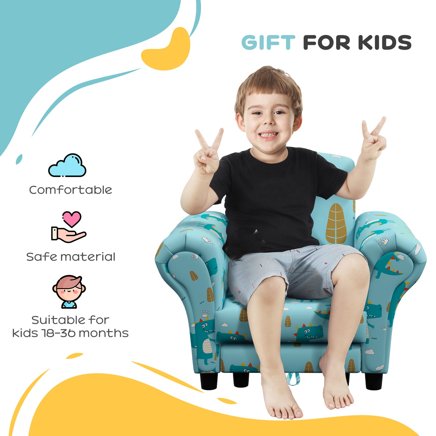 2 Piece Kids Sofa Set with Dinosaur Design, Wooden Frame, for 1.5-3 Years Old in Blue by AIYAPLAY-5