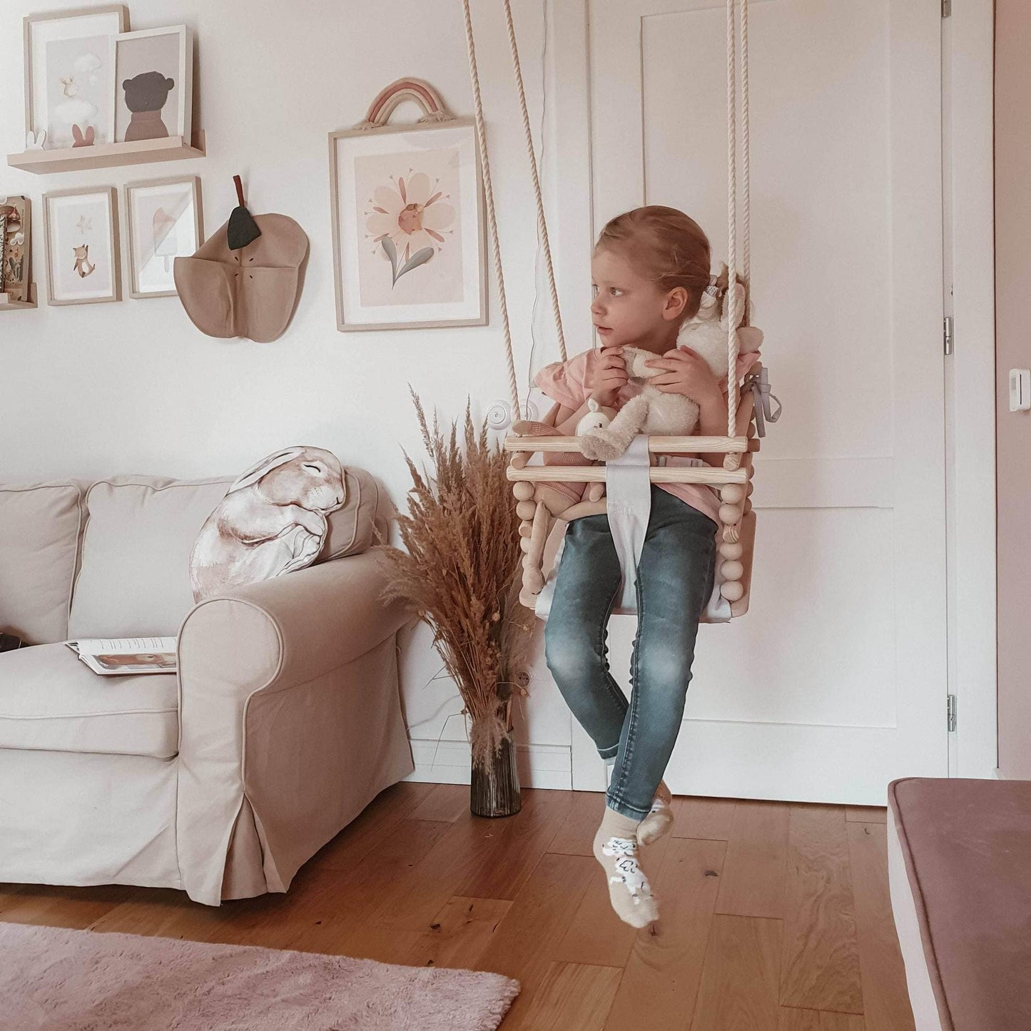 MAMOI® Baby swing Light grey, Toddler sensory seat 3 in 1, Wooden door bouncer for kids, Indoor swings set, Chair from birth for toddlers age 1-3-4