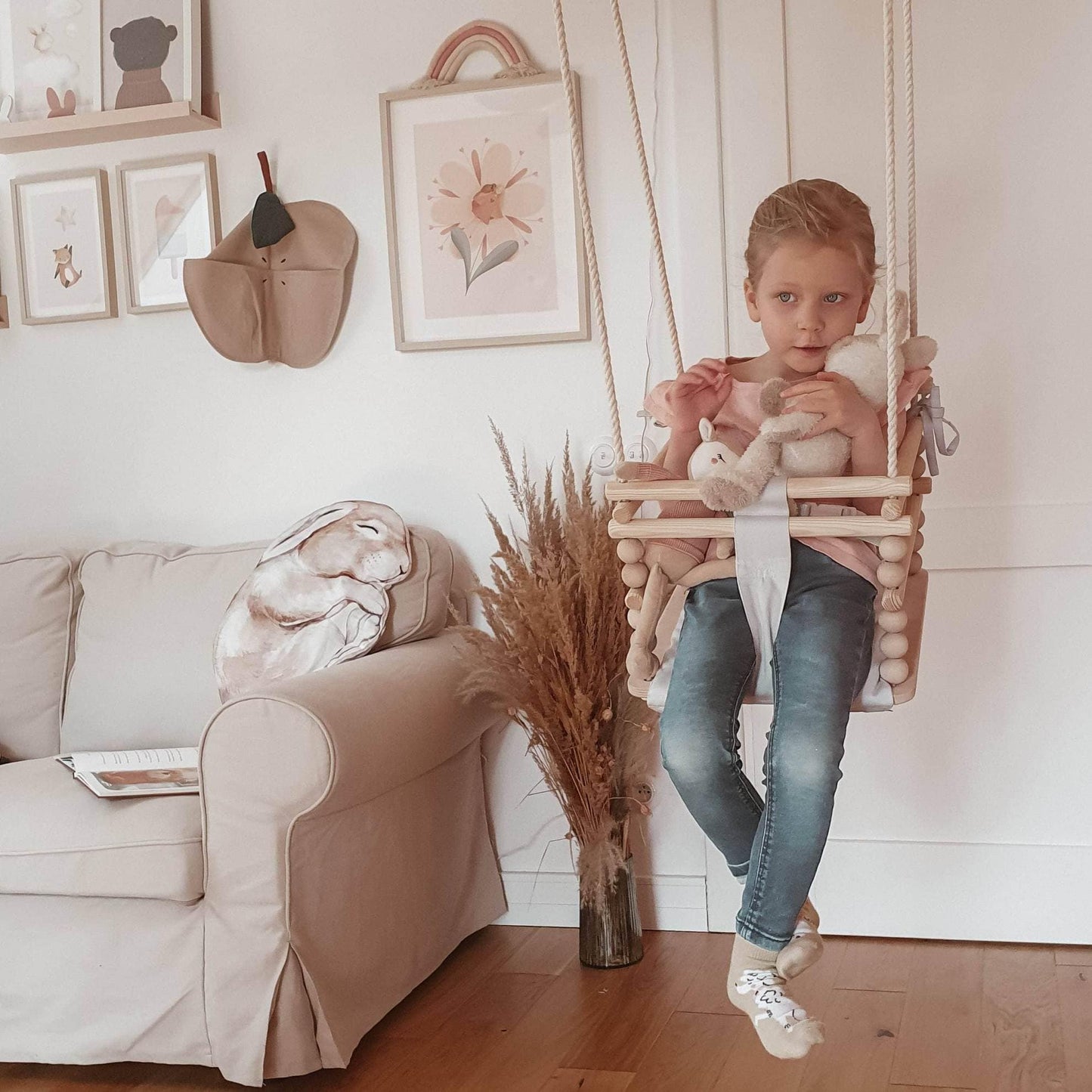 MAMOI® Baby swing Light grey, Toddler sensory seat 3 in 1, Wooden door bouncer for kids, Indoor swings set, Chair from birth for toddlers age 1-3-5