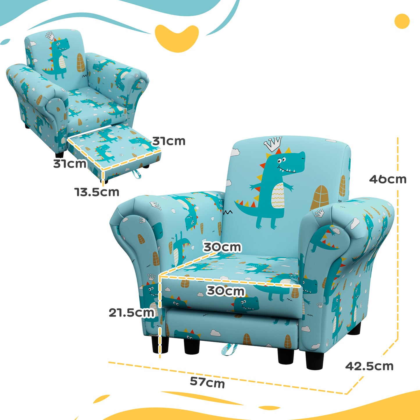 2 Piece Kids Sofa Set with Dinosaur Design, Wooden Frame, for 1.5-3 Years Old in Blue by AIYAPLAY-1