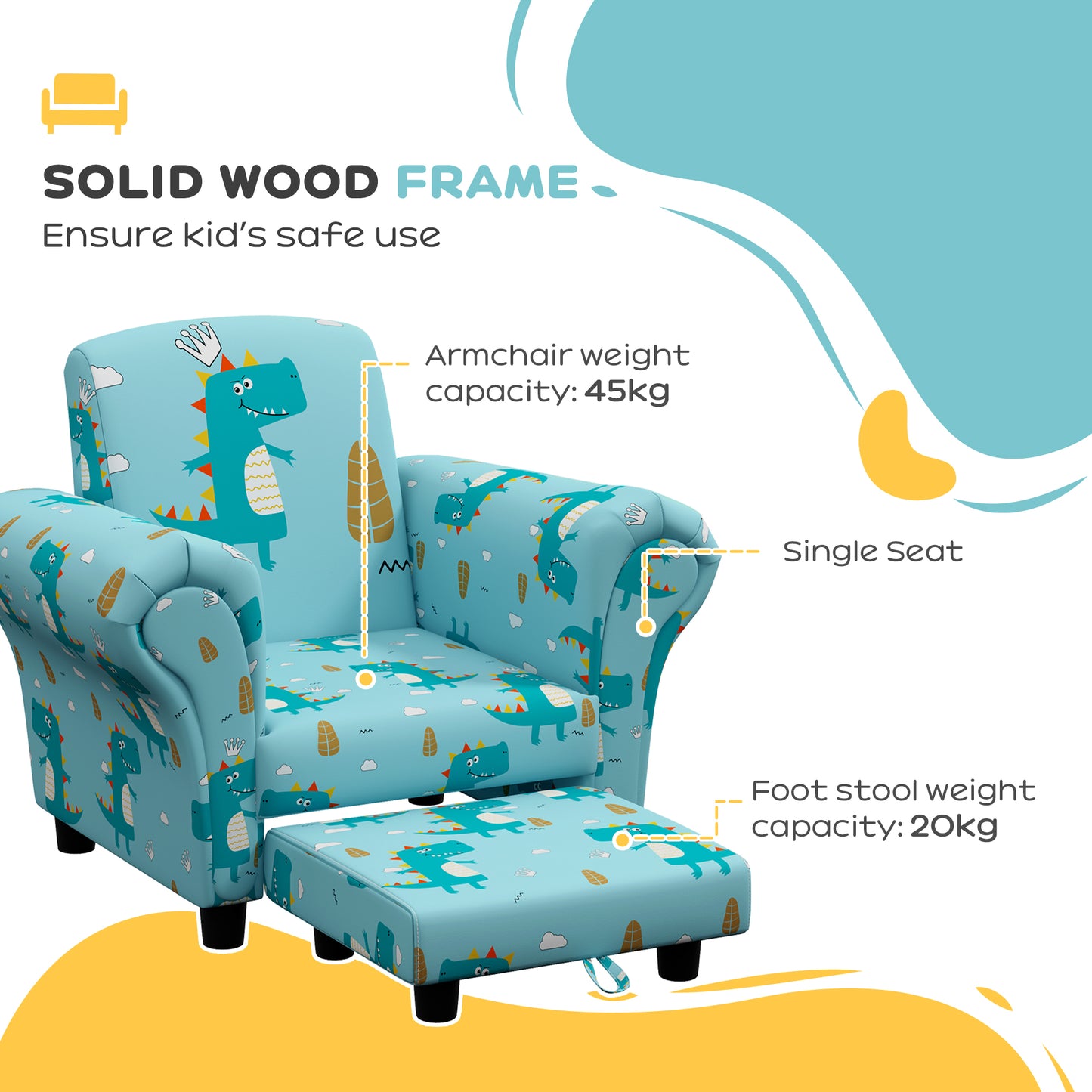 2 Piece Kids Sofa Set with Dinosaur Design, Wooden Frame, for 1.5-3 Years Old in Blue by AIYAPLAY-3