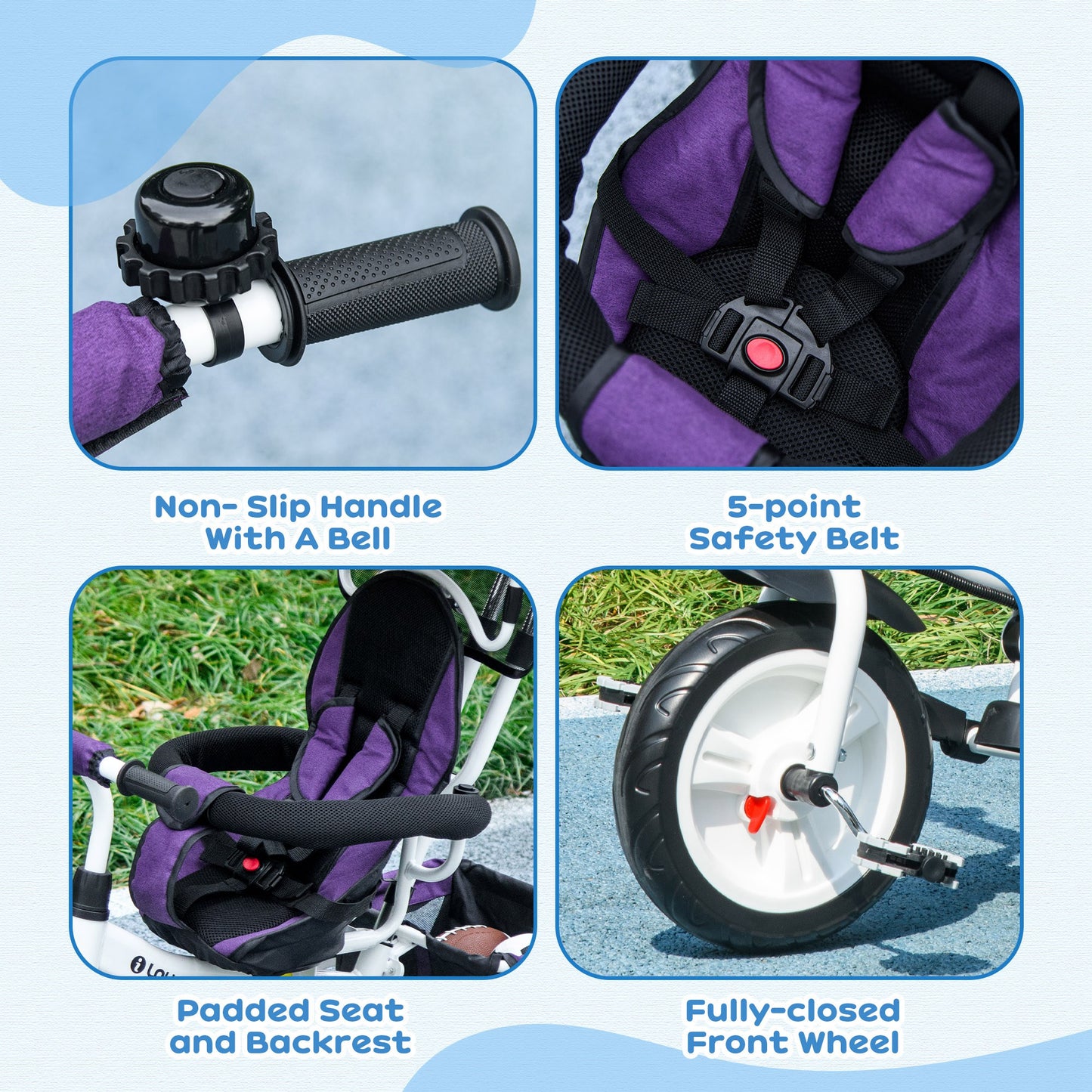 4 in 1 Kids Trike Push Bike w/ Push Handle, Canopy, 5-point Safety Belt, Storage, Footrest, Brake, for 1-5 Years in Purple | HOMCOM-5