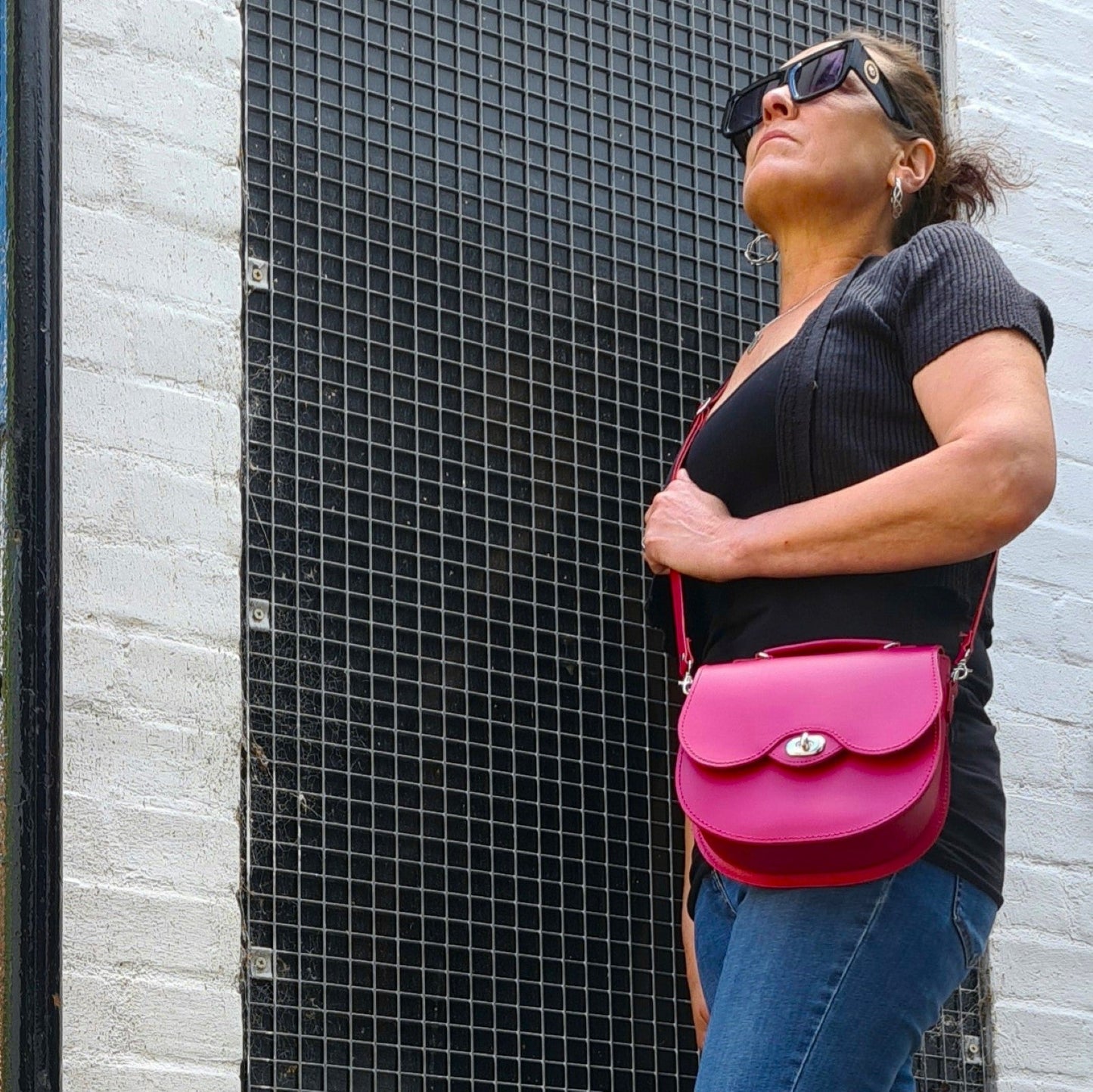 Handmade Leather Twist Lock Saddle Bag - Magenta-2