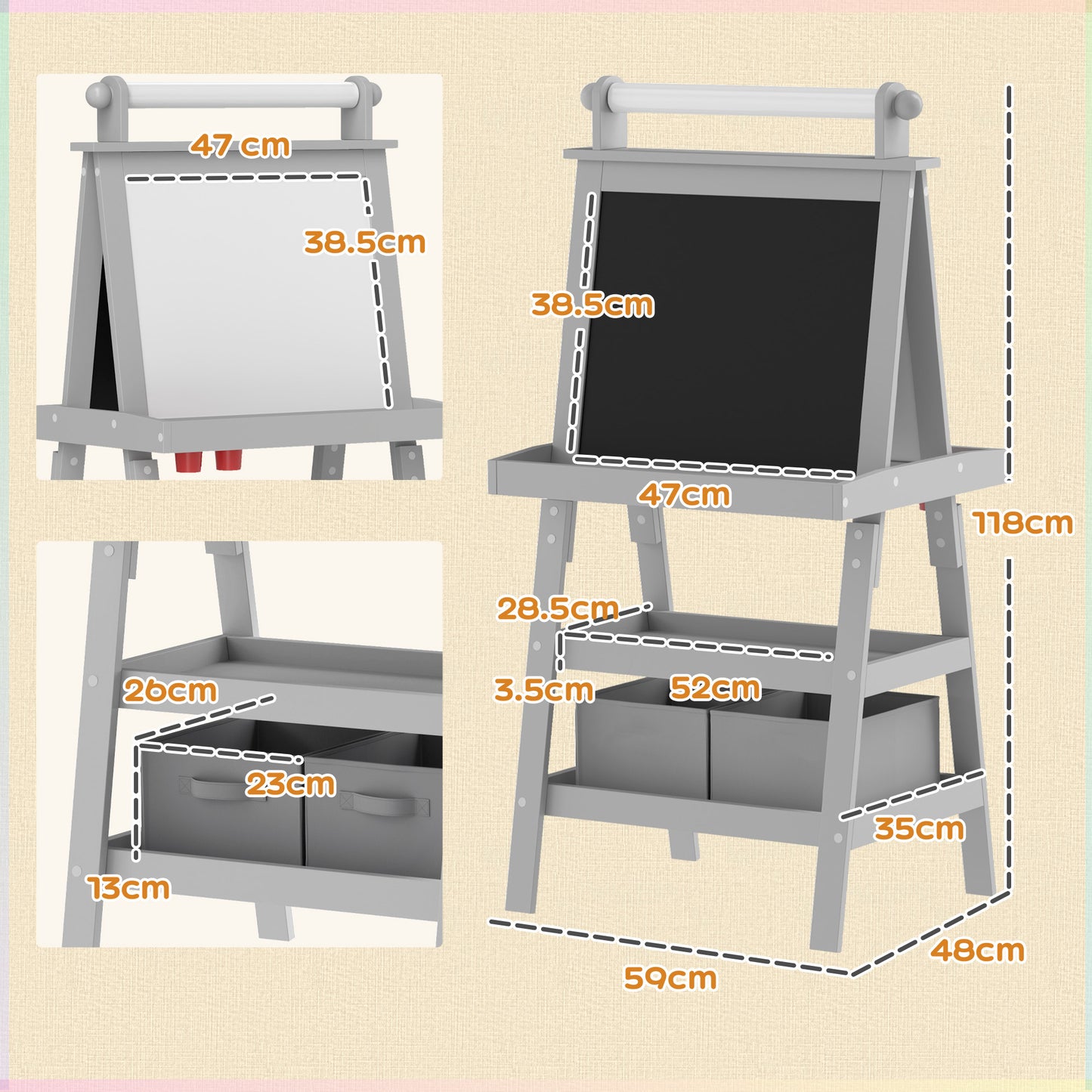 AIYAPLAY 3 in 1 Kids Easel Double-Sided Magnetic Whiteboard and Chalkboard with Paper Roll, Storage Baskets in Grey-1