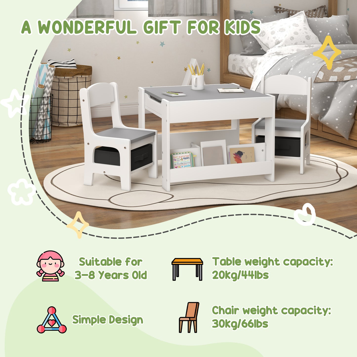 3PCs Kids Table and Chair Set with Blackboard, Storage, Bookshelves in Grey | HOMCOM-3