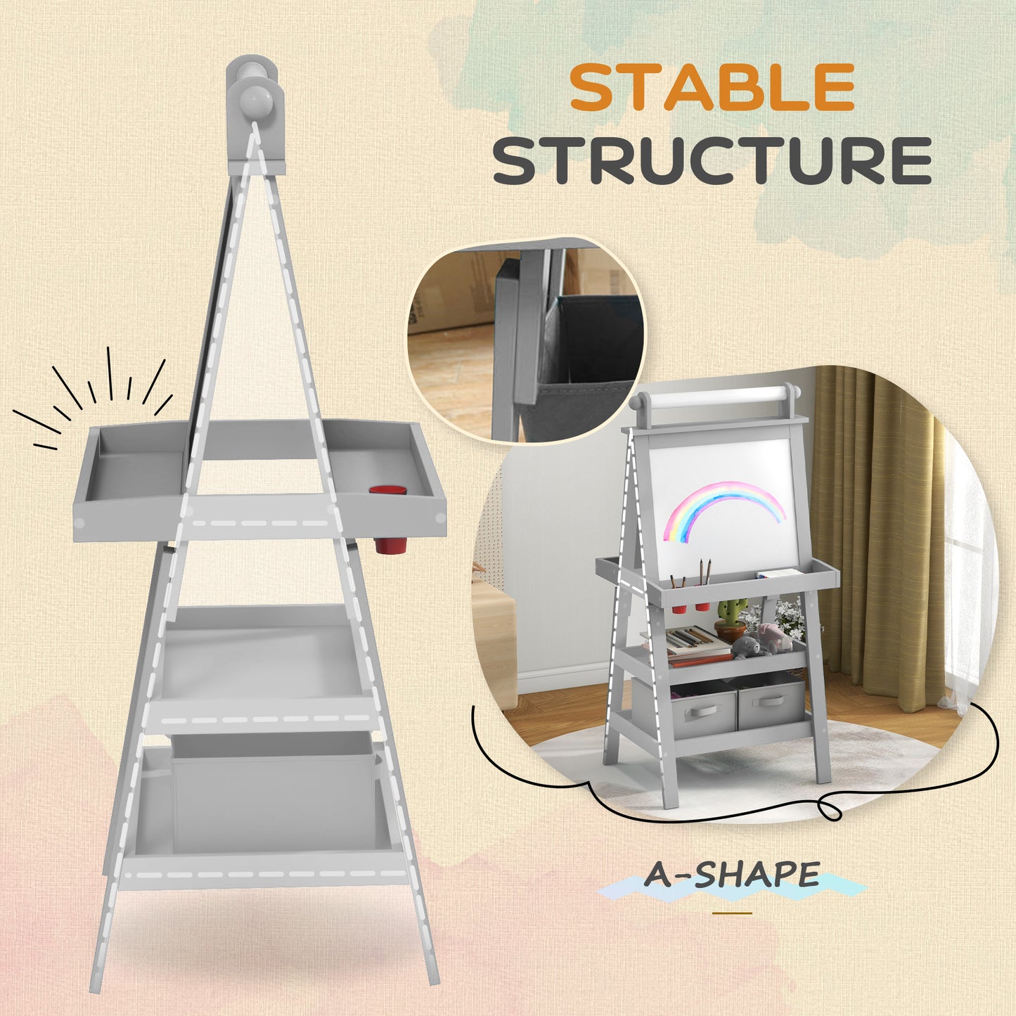 AIYAPLAY 3 in 1 Kids Easel Double-Sided Magnetic Whiteboard and Chalkboard with Paper Roll, Storage Baskets in Grey-5