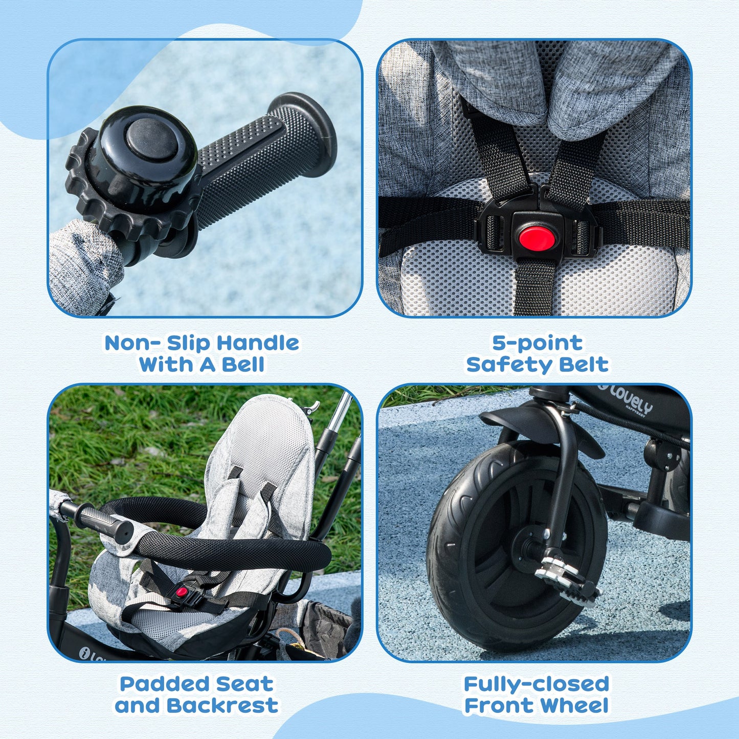 4 in 1 Kids Trike Push Bike with Push Handle, Canopy, 5-point Safety Belt, Storage, Footrest, Brake, for 1-5 Years in Grey | HOMCOM-5