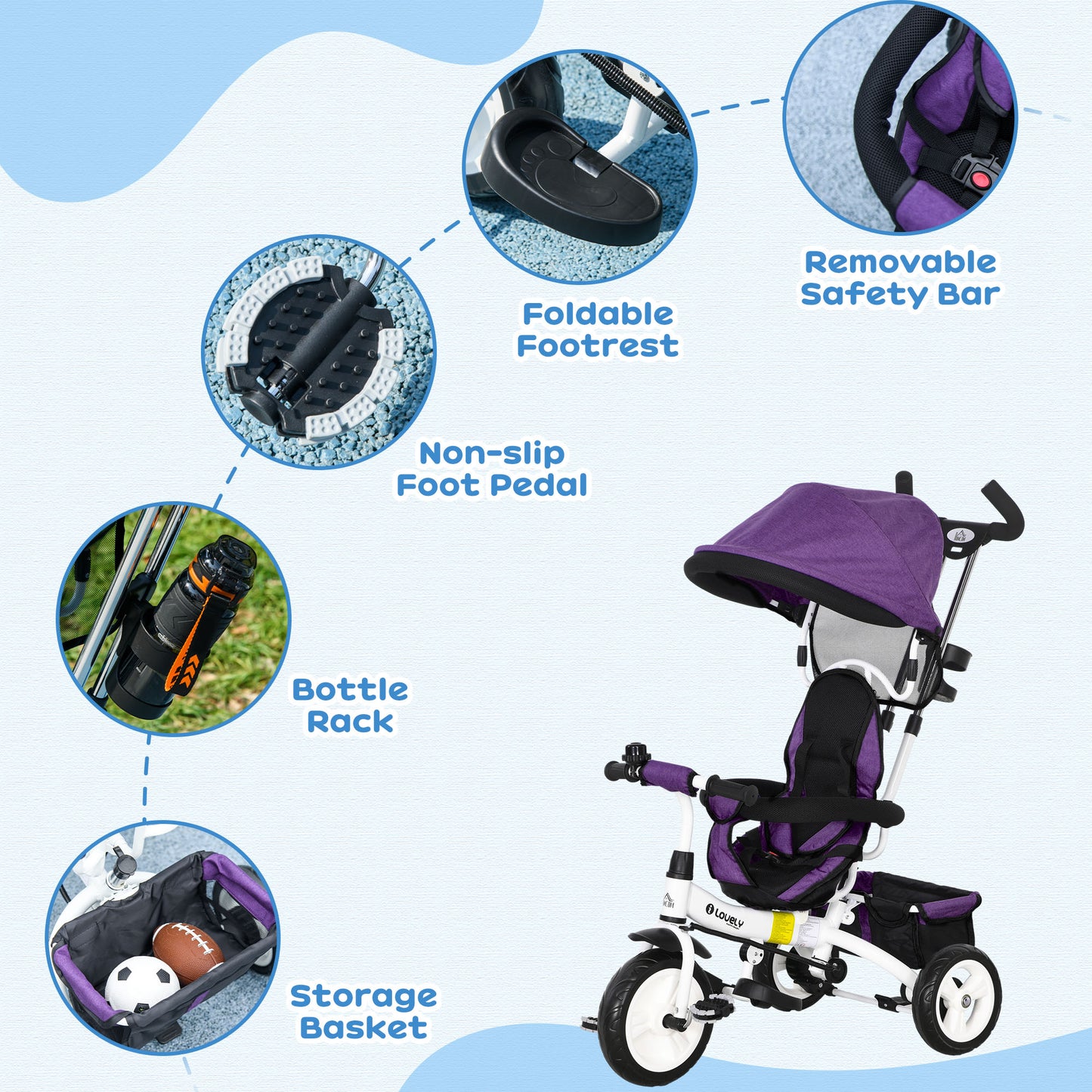 4 in 1 Kids Trike Push Bike w/ Push Handle, Canopy, 5-point Safety Belt, Storage, Footrest, Brake, for 1-5 Years in Purple | HOMCOM-4