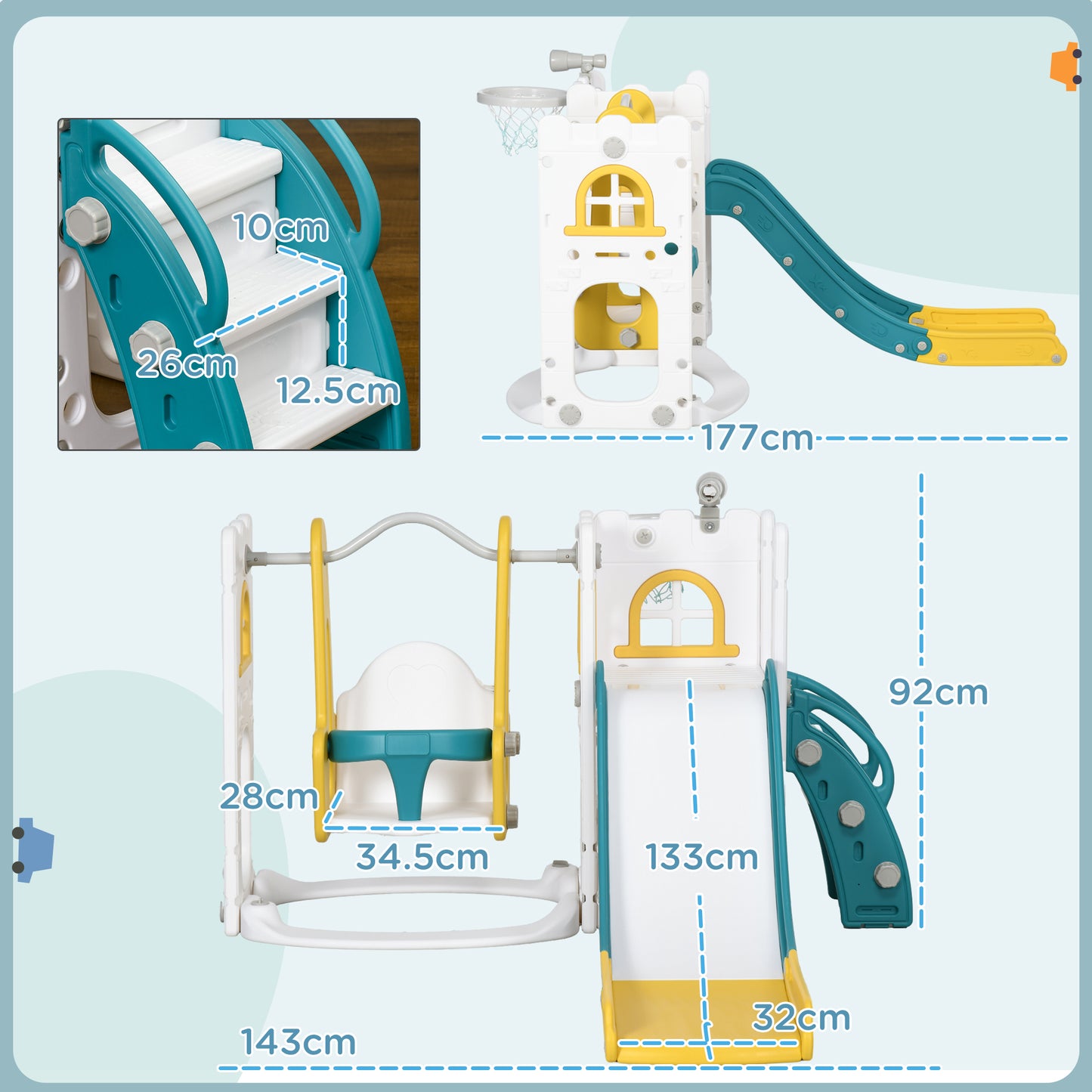 AIYAPLAY 6-in-1 Swing and Slide Set, Kids Playground with Basketball Hoop, Telescope, Storage Space - Yellow-1