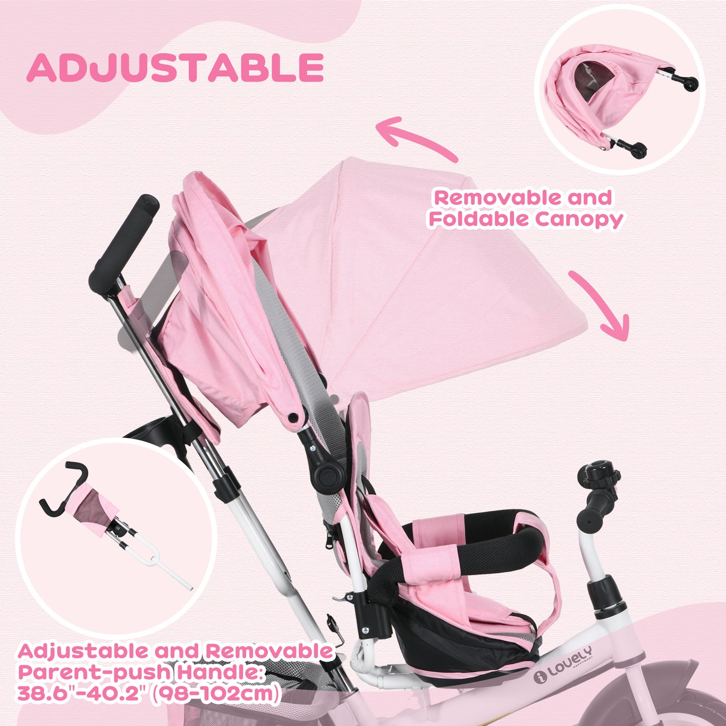 4 in 1 Kids Trike Push Bike w/ Push Handle, Canopy, 5-point Safety Belt, Storage, Footrest, Brake, for 1-5 Years, Pink | HOMCOM-3