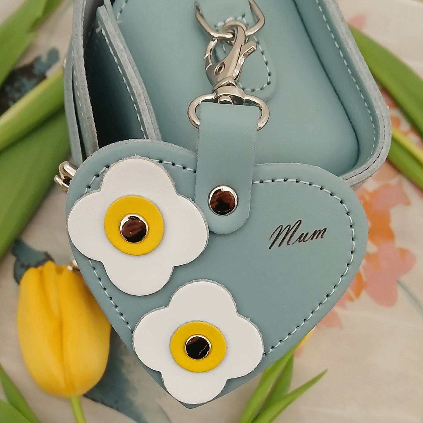 Love heart bag charm - with 'Mum' engraving and flower appliques - Sea Green-1