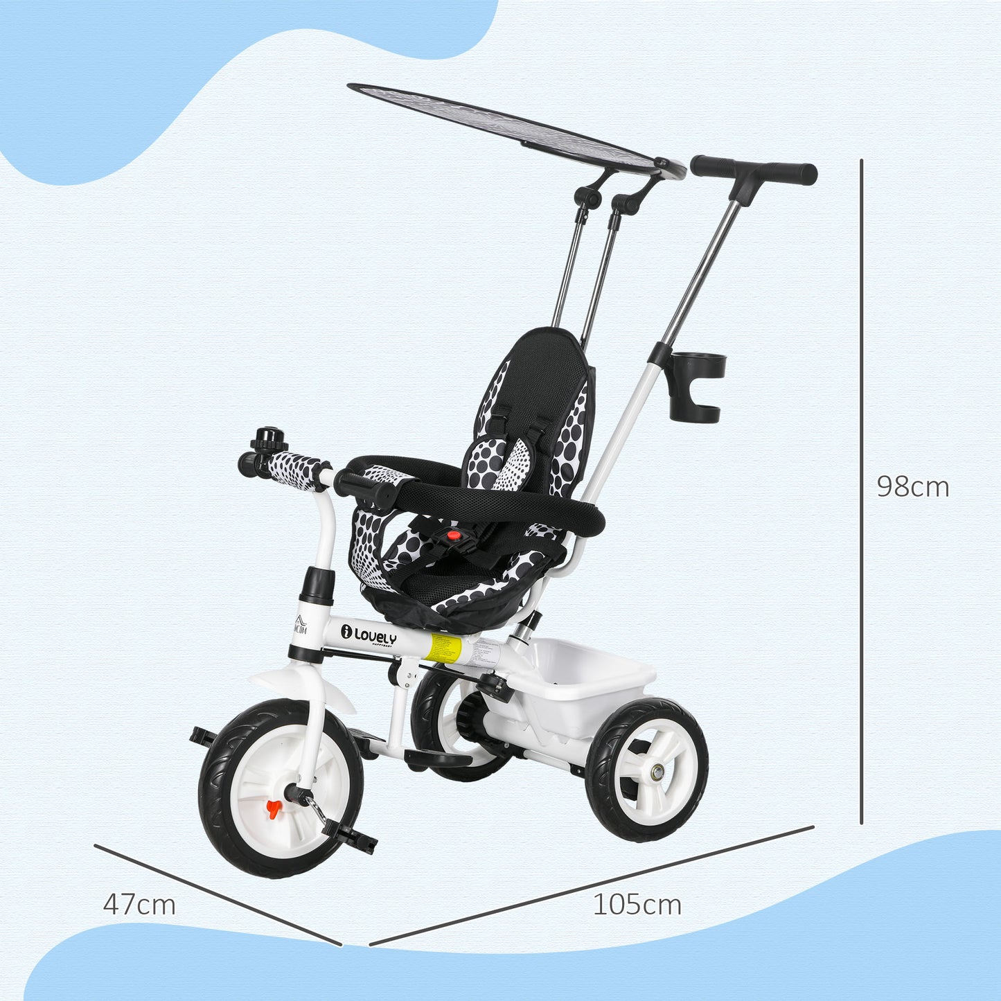 4 in 1 Tricycle for Kids with 5-point harness straps, Removable Canopy in White by HOMCOM-1