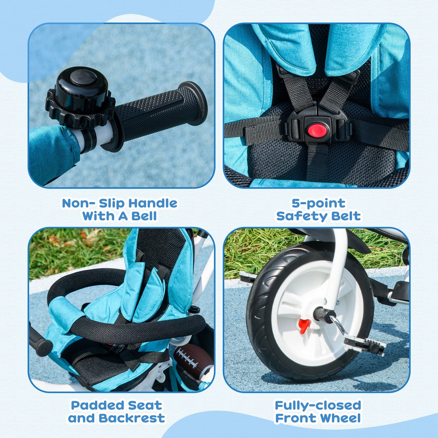 4 in 1 Kids Trike Push Bike with Handle, Canopy, Safety Belt, Footrest and Brake for 1-5 Year olds in Blue | HOMCOM-5