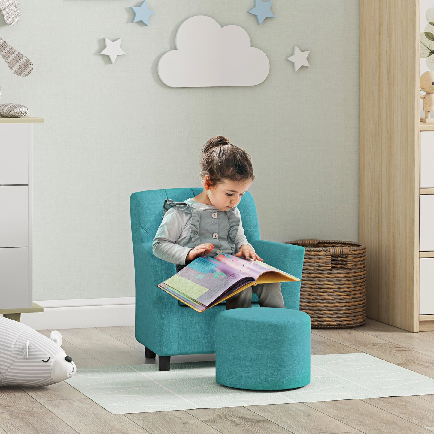 AIYAPLAY 2PCs Kids Sofa Set with Footrest, for Playroom, Bedroom in Blue-8