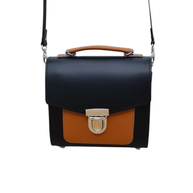Handmade Leather Two Tone Sugarcube Handbag Black - Burnt Orange-3