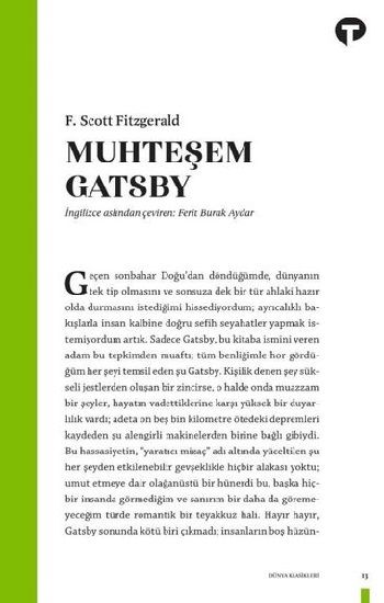 Muhteşem Gatsby – F. Scott Fitzgerald – Turkuvaz Kitap – kitap kapağı