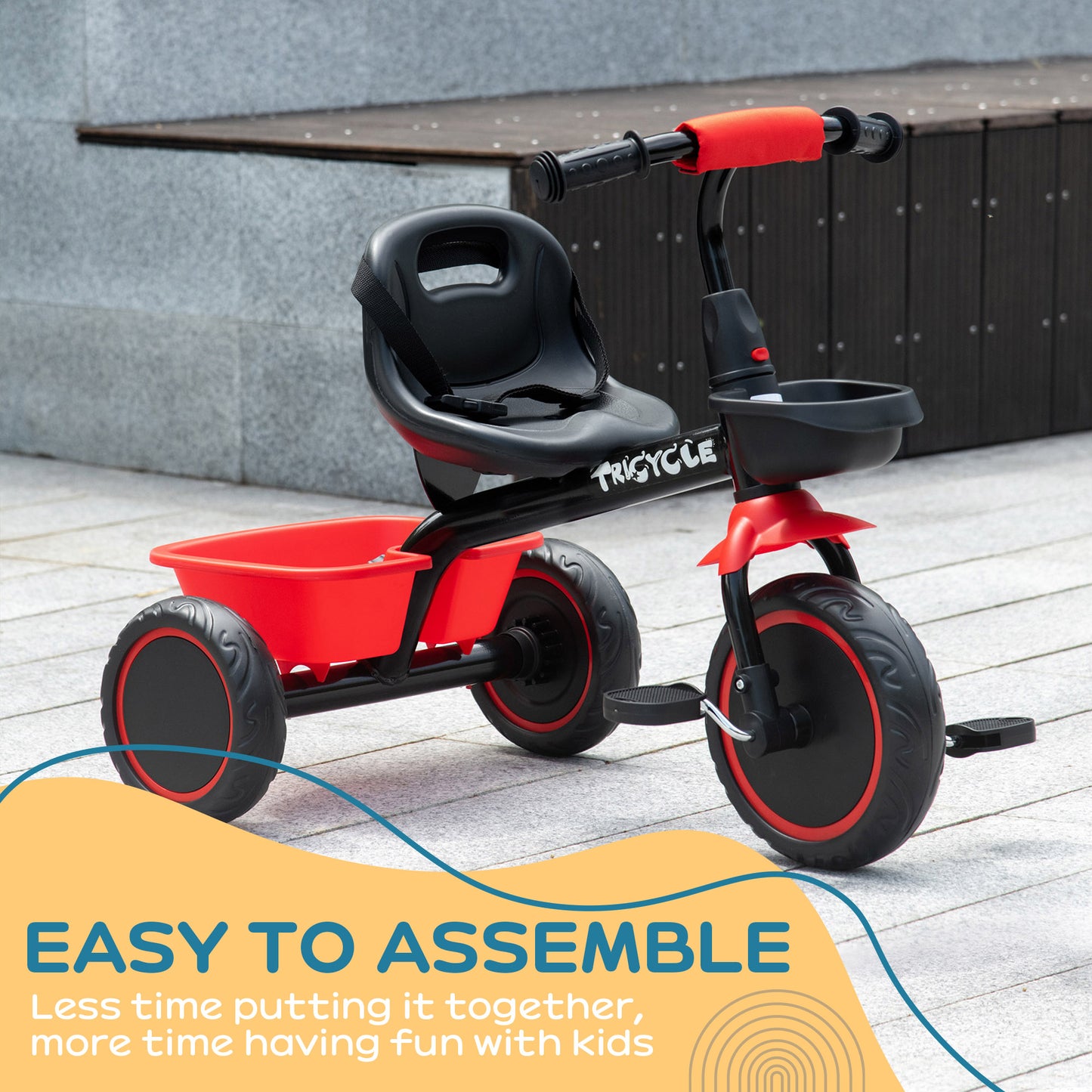 AIYAPLAY Kids Trike for 2-5 Years with Adjustable Seat, Pedal, Baskets in Red-4