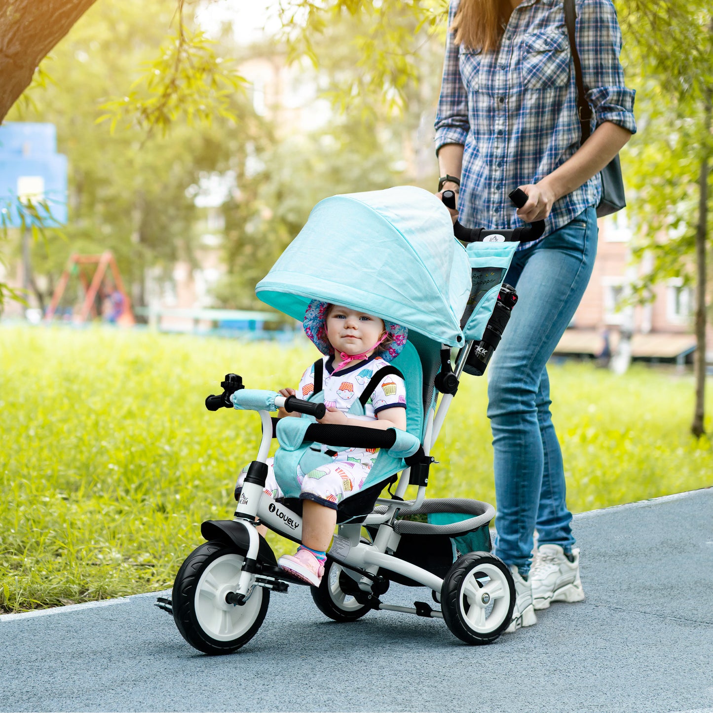 4 in 1 Kids Trike Push Bike w/ Push Handle, Canopy, 5-point Safety Belt, Storage, Footrest, Brake, for 1-5 Years, Green | HOMCOM-8
