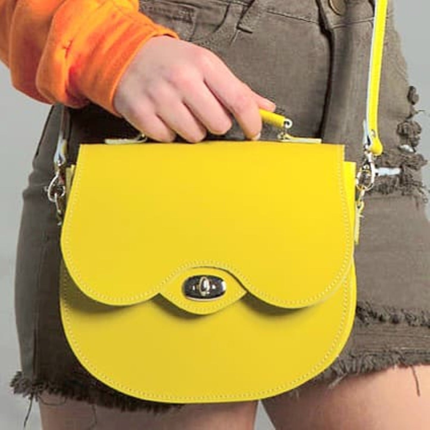 Handmade Leather Twist Lock Saddle Bag - Pastel Daffodil Yellow-3