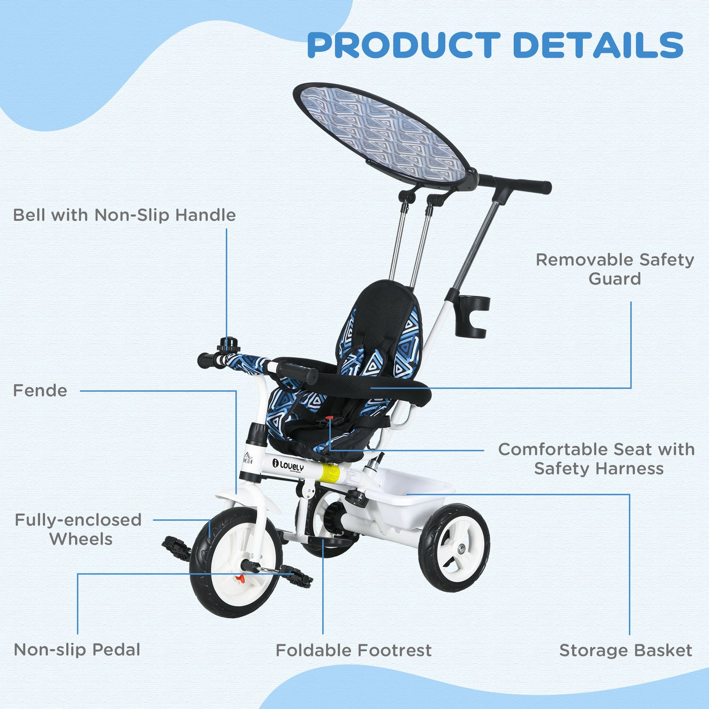 4 in 1 Tricycle for Kids with 5-point harness straps, Removable Canopy, Blue | HOMCOM-5