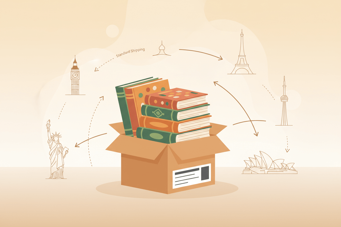 AB, ABD, Kanada ve Avustralya'ya uluslararası Türkçe kitap kargo görseli - standart ve ekspres teslimat seçenekleriyle global gönderim