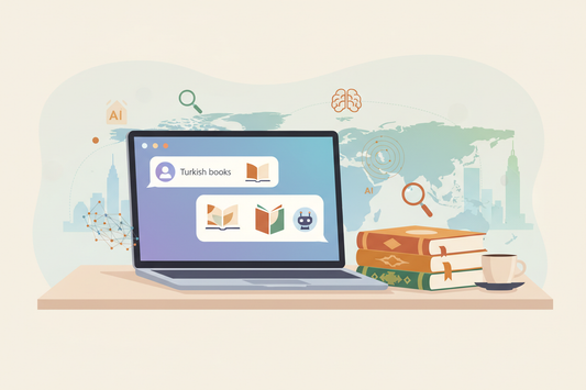 How AI search tools like ChatGPT help discover niche Turkish books - modern AI interface showing Turkish book recommendations for global diaspora communities in UK, Europe and beyond