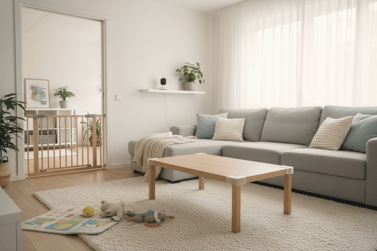 Modern baby-proofed living room with safety gate at doorway, corner guards on coffee table, and baby monitor on shelf in cozy Scandinavian home setting