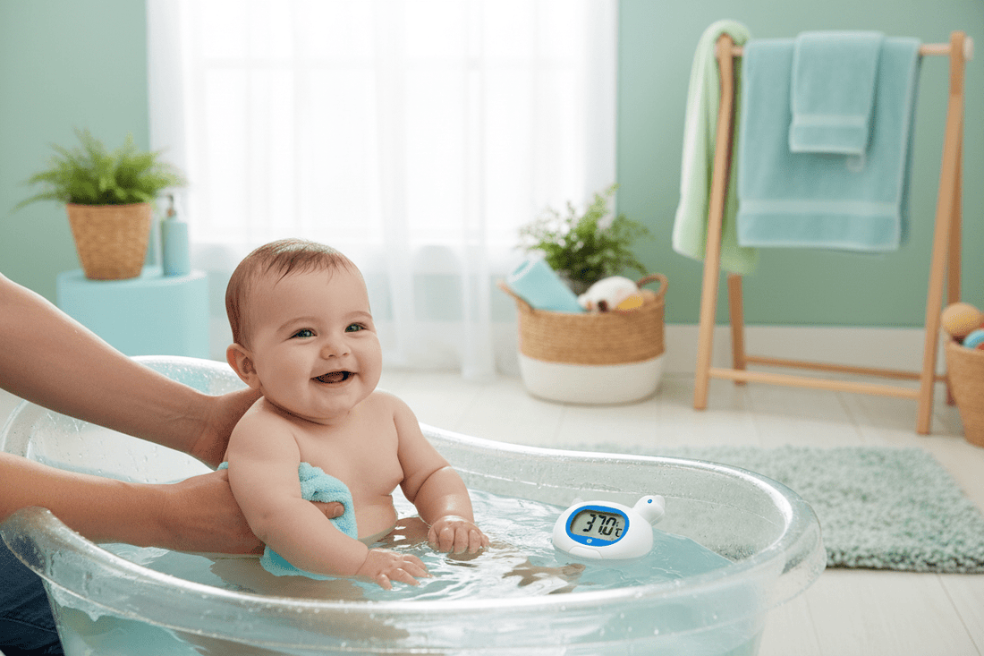 Happy baby in baby bath tub with parent's hands gently supporting, bath thermometer floating in water, safe and calm bathroom setting with soft lighting