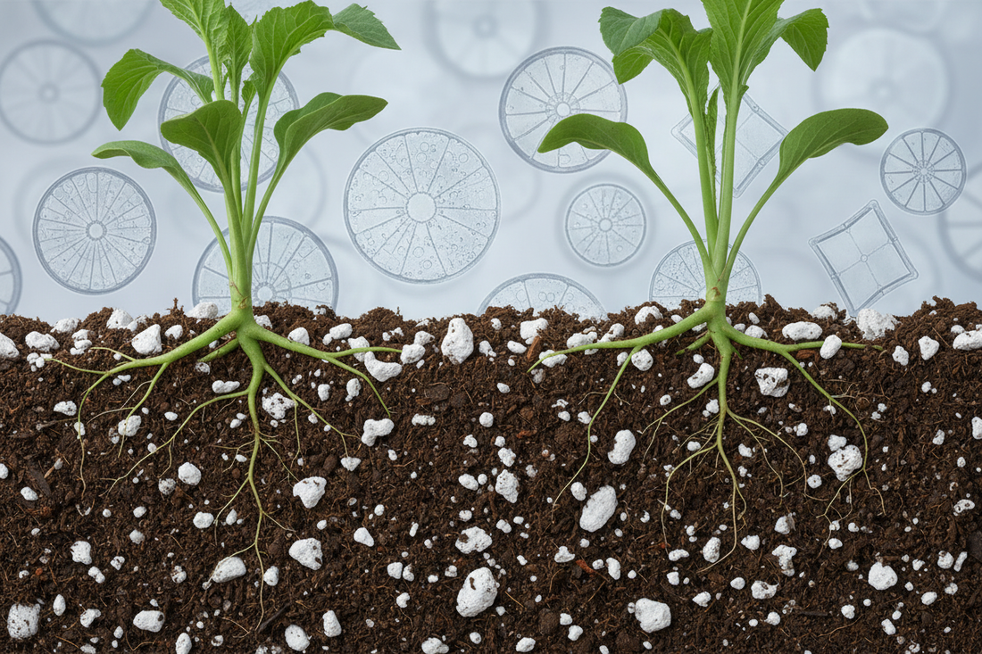 Illustration of geothermal diatomite as a soil improver with plant roots and microscopic diatom fossils showing silicon-rich soil structure