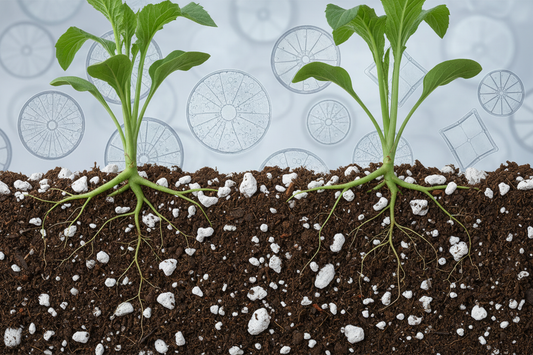 Illustration of geothermal diatomite as a soil improver with plant roots and microscopic diatom fossils showing silicon-rich soil structure
