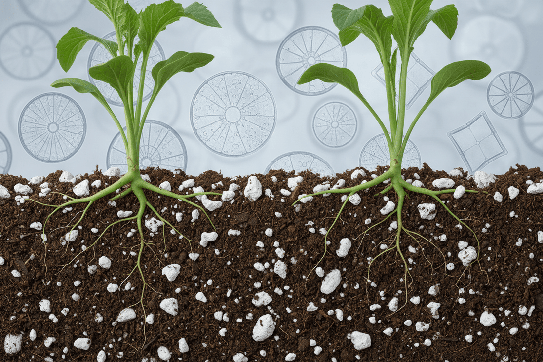 Illustration of geothermal diatomite as a soil improver with plant roots and microscopic diatom fossils showing silicon-rich soil structure