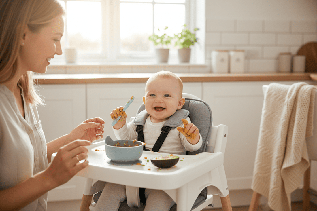 Happy baby in modern highchair with 5-point harness exploring colorful food with soft-tipped spoon and suction bowl