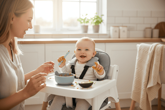 Happy baby in modern highchair with 5-point harness exploring colorful food with soft-tipped spoon and suction bowl
