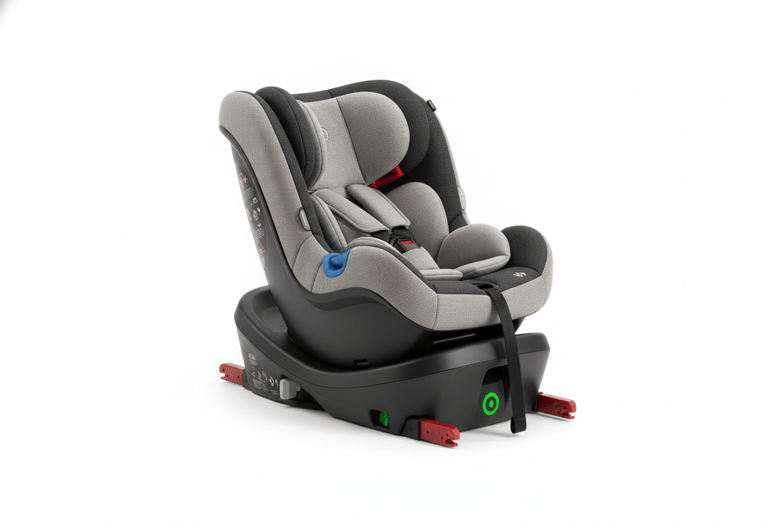 Modern i-Size rear-facing infant car seat with ISOFIX base in grey tones showing safety connectors and ergonomic design on white background