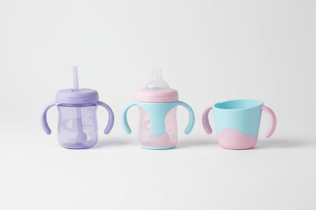 Colorful baby sippy cups and training cups including soft spout, weighted straw, and angled open cup designs in pastel colors on white background