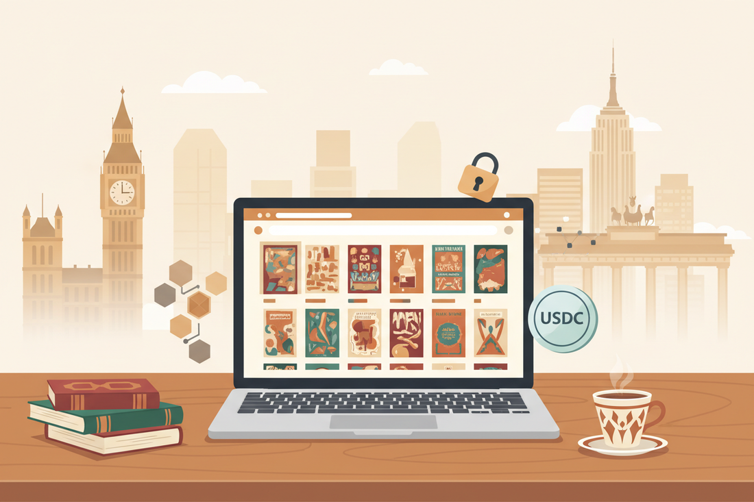 Yurtdışında yaşayan Türkler için niş Türkçe kitaplar ve USDC kripto para ile ödeme seçeneği sunan online kitap mağazası görseli - laptop ekranında Türkçe kitap kataloğu, masa üzerinde Türk kahvesi ve kitaplar