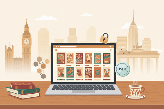 Yurtdışında yaşayan Türkler için niş Türkçe kitaplar ve USDC kripto para ile ödeme seçeneği sunan online kitap mağazası görseli - laptop ekranında Türkçe kitap kataloğu, masa üzerinde Türk kahvesi ve kitaplar