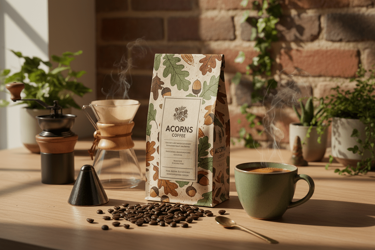 Acorns Coffee small-batch specialty coffee beans with espresso cup and brewing accessories on wooden surface in warm natural light