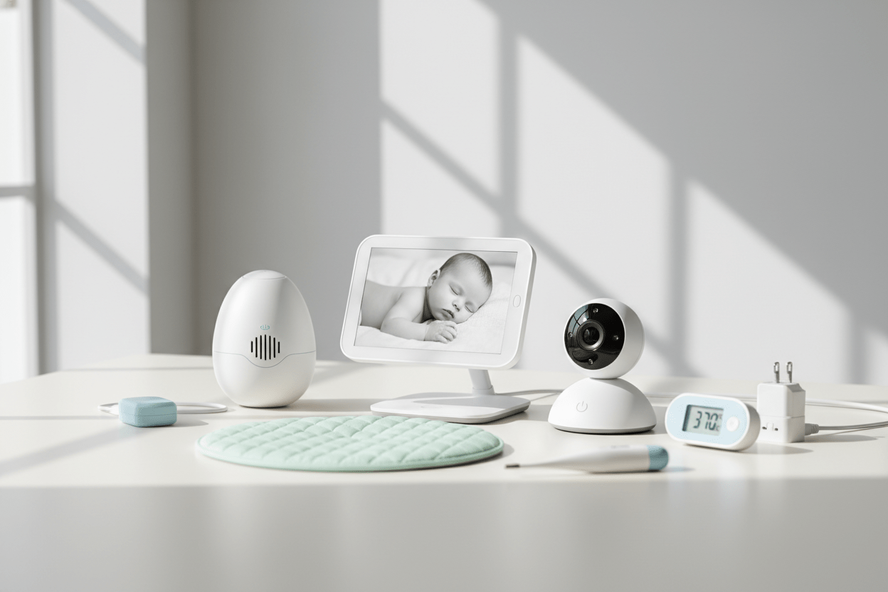 Baby monitors with video screens and movement monitoring sensors